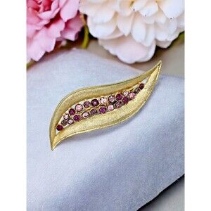 Swirl Leaf Brooch Vtg Large Pink Purple Rhinestone Gold Tone Estate Jewelry Pin